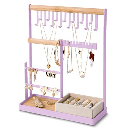 DreamGenius Jewelry Organizer Stand with Velvet Ring Holder, Purple