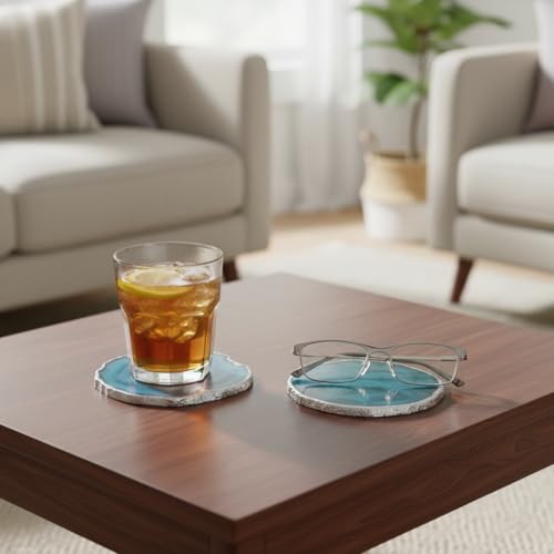Image of Natural Agate Stone Tea Coasters Set | Premium Stone Coasters for Tea, Coffee & Glass | Heat Resistant Coasters for Dining Table, Office Desk & Home Decor | Pack of 2 | Color -Green