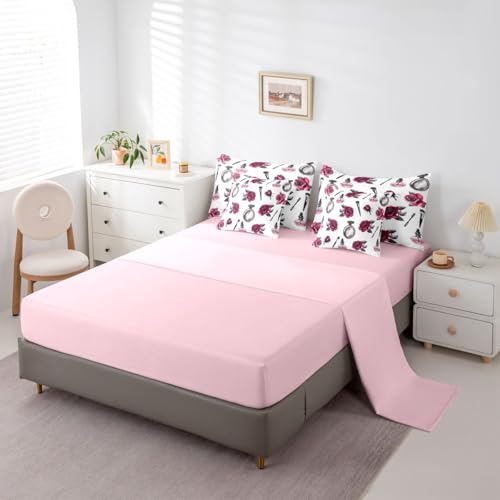 Image of 7 Pcs Pink Rose Queen Size Bedding Sets Girly Lady Makeup Perfume Comforter Set Vintage Sketch Roses Romantic Style Bed in a Bag with Comforter,Flat Sheet,Fitted Sheet,2 Pillowcases,2 Pillow Covers