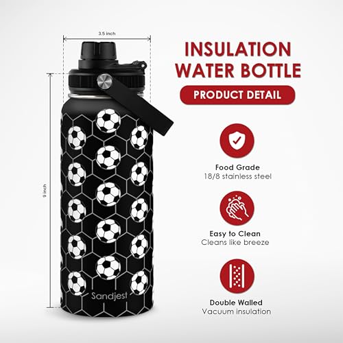 Image of SANDJEST Soccer Insulated Stainless Steel Water Bottle 32oz, Aesthetic Sport Vacuum Chug Lid Travel Tumbler for Men Friends Boys Dad Brothers, Gifts for Birthday Christmas Fathers Day