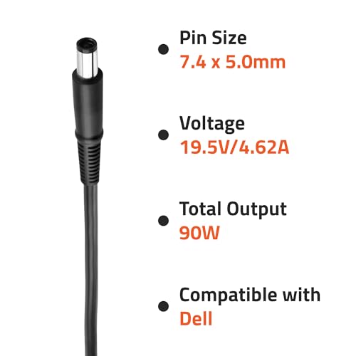 Image of AR0902 90 Watt Laptop Charger /Adapter with Power Cord Compatible with Dell Laptops (19.5V /4.62A, Pin: 7.4 x 5.0 mm)