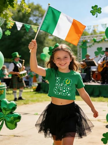 Image of Girls Crop Tops St Patricks Day T-Shirts Lucky Clover Short Sleeve Shirts Kids Shamrock Tees 5-14 Years