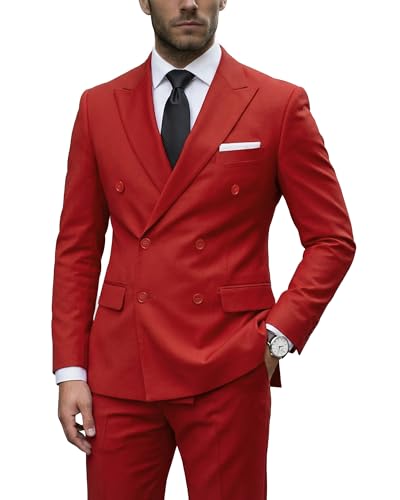 YND Men's 2 Piece Suit, Double Breasted Slim Fit Jacket Pants Set and Tie, Party Prom Dinner Wedding Blazer Tuxedo & Trousers, Red