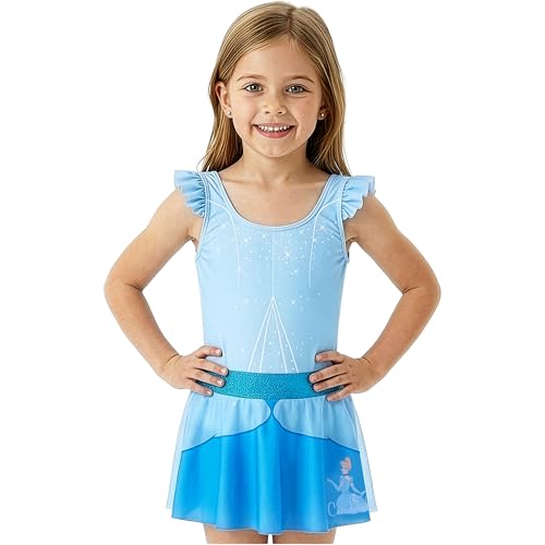 Disney Cinderella One Piece Girls Swim Dress Ruffle Strap Swimsuit with Coverup Skirt Built in Briefs Bathing Suit (6-7 Years Blue Cinderella)