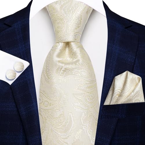 Image of Hi-Tie Silk Ties for Men Plaid Paisley Striped Necktie Pocket Square Cufflinks Set Formal Business