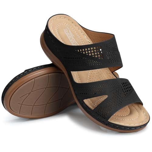 Image of SHIBEVER Wedge Sandals for Women Dressy: Comfortable Summer Casual Walking Sandals - Slip On Open Toe Low Wedge Shoes Size 5-11