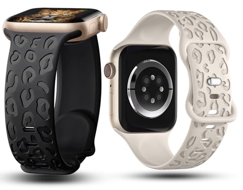 IKANFI 2Pack Leopard Engraved Bands Compatible with Apple Watch Band 41mm 40mm 38mm Women Silicone Cheetah Sport Strap for iWatch Series SE 10 9 8 7 6 5 4 3 2 1 Ultra-BKSL-38