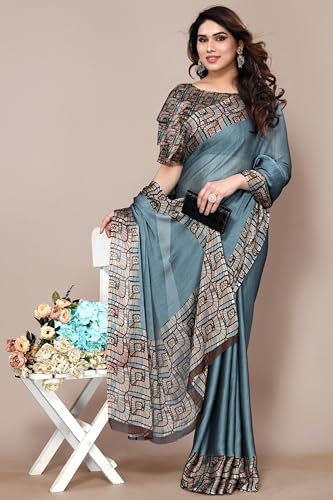 Image of MIRCHI FASHION Saree for Woman Chiffon Georgette Solid with Contrast Border | Lightweight Daily Wear Women's Sari and Printed Blouse Piece