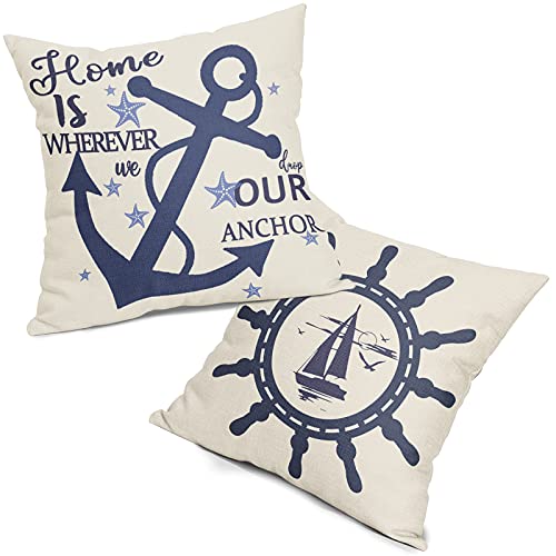 Navy Blue Anchor Throw Pillow Covers 18X18 Inch Fall Outdoor Nautical Decor Coastal Sailing Boat Pillows For Home Bedroom Living Room Linen Pillowscase,Square Cushion Cover,Set Of 2 #TOP7