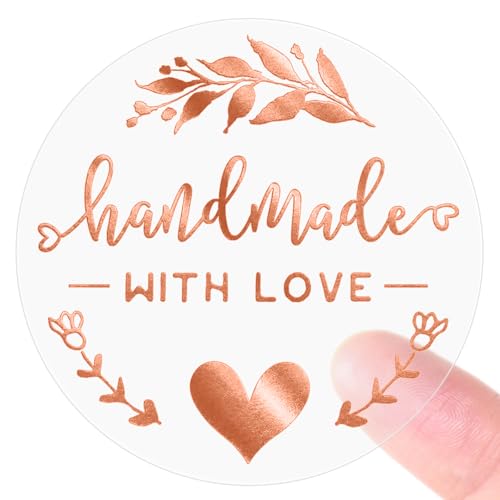 100PCS Handmade with Love Stickers Transparent Rose Gold Foil Labels for Boutique Small Business Packaging Elegant Gift Wrapping Seals for Candle Bakery Soap Handmade Orders 1.6
