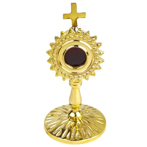 Needzo Small Brass Monstrance Mini Relic Holder with Velvet Lined Interior Catholic Church Decor 2.5 x 5 Inches