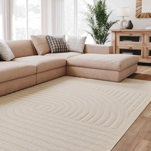 Interiyou Tapis Salon à Poils Courts Lecce - 120x170 Crème - Intérieur pour Chambre, Bureau, Couloir - Motif bohème scandinave avec Effet 3D - Design...