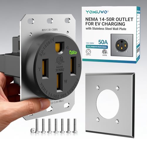 Image of 50 Amp EV Charging Receptacle /Nema 14-50 EV Outlet with Wall Plate: Heavy Duty Straight Blade Device,2.42 inch Diameter, U-Shaped Brass Clamp -Industrial Grade, 3-Pole 4-Wire Grounding,125 /250V,ETL Listed