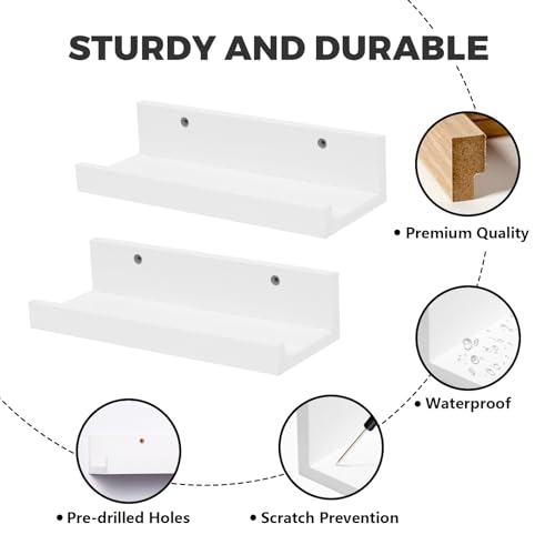 Muzilife 12\" Small Floating Wall Ledge Shelves with Lip - Set of 2 Wood Floating Shelves - White Wall Mounted Picture Ledge for Office, Bathroom, Bedroom, Living Room, Kitchen