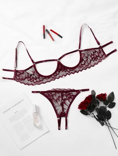 Image of Lilosy Sexy Underwire Floral Lace Sheer Lingerie Set for Women See Through Bra and Panty 2 Piece