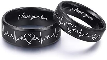 LAVUMO Heartbeat Rings for Couples I Love You Matching Promise Rings Wedding Bands Sets for Him and Her with Box Stainless Steel Comfort Fit (Men 10 & Women 7)