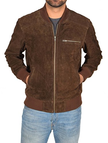 Mens Real Brown Suede Bomber Jacket Leather Varsity Baseball Casual Coat - Roco (Medium)