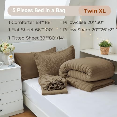 Image of MUXHOMO 5 Pieces Twin XL Comforter Set, Seersucker Bed in a Bag Twin XL Size, All Season Luxury Bedding Set with Comforter, Flat Sheet, Fitted Sheet, Pillowcase & Sham, Brown