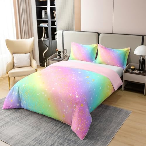 Parure de lit arc-en-ciel rose avec housse de couette coton 140x200 pour enfant