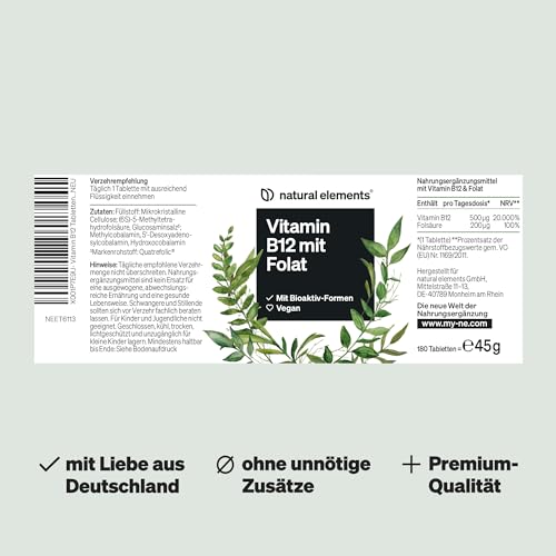 natural elements Vitamin B12 – 180 vegane Tabletten für 6 Monate – 500µg Vit B12 und 200µg Folsäure pro Tagesdosis – hochdosiert, ohne unnötige Zusätze – in Deutschland produziert & laborgeprüft 5