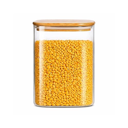 Image of Airtight Square Glass Storage Jar with Bamboo Lid, 750ml Multipurpose Kitchen Container for Coffee, Tea, Sugar, Masala, Spices & Dry Fruits | Modern Transparent Pantry Organizer (Pack of 1)