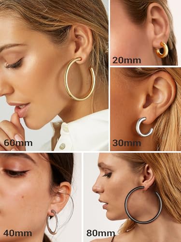 Image of Stainless Steel Chunky Hoop Earrings For Women, Minimalist and Chic, Black /Gold Plated, Round Hoops Earrings Hypoallergenic, Size: 30mm /40mm /60mm /80mm, Come with Box