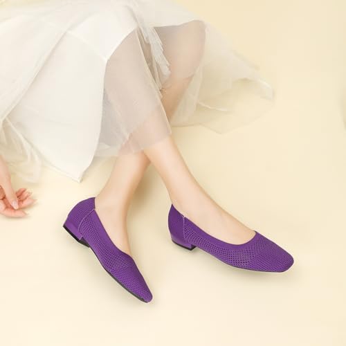 Women's Square Toe Low Heels Knit Comfortable Dressy Slip On Ballet4