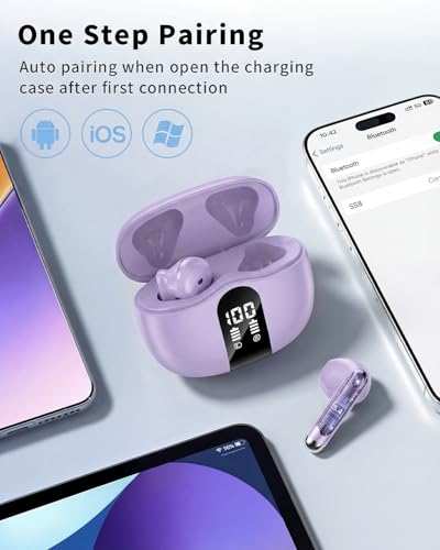 Image of Wireless Earbuds, 2026 Bluetooth 5.4 Headphones Bass Stereo Ear Buds with Noise Cancelling Mic, LED Display in Ear Earphones 50H Playtime Ear Buds, IP7 Waterproof for Laptop Pad Phones Pure Purple