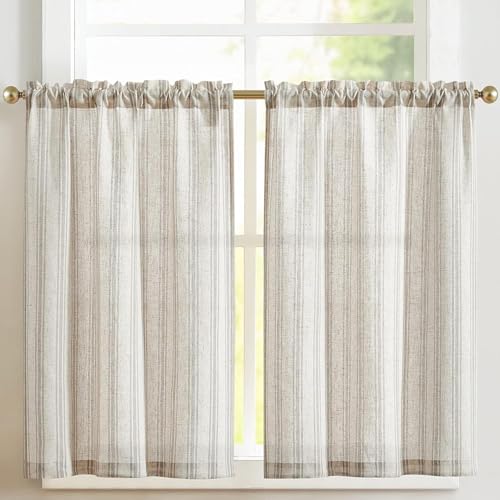 TOPICK Cortina de Cocina de Lino Rayas Diagonales Bolsillo para Varilla con Translúcido Aptas para Cocina Comedor Baño y Pequeñas Ventanas Gris sobre Beige Juego de 2 Unidades 65 x 60 cm