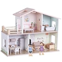 Jumini Wooden Dolls House – Modern Open Plan Dollhouse with Dolls & Furniture Accessories, Compact Sustainable Toy for Kids 3+