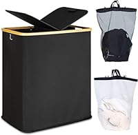 efluky Laundry Basket with Lid 140L 2 Compartments Extra Large Washing Baskets for Laundry, Laundry Bin Linen Cloth Basket with 2 Removable Laundry Bags, Black