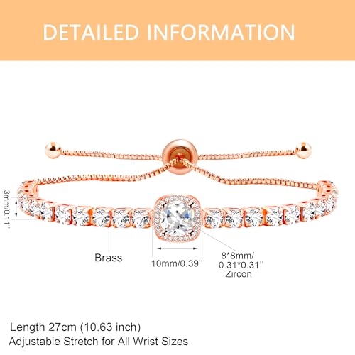 Image of Rose Plated Gold Brass Box Chain Cubic Zirconia Classic Tennis Slider Adjustable Bracelet, Round Big Zircon Charm Give Woman Mom Mother's Day Fashion Crystal Gift