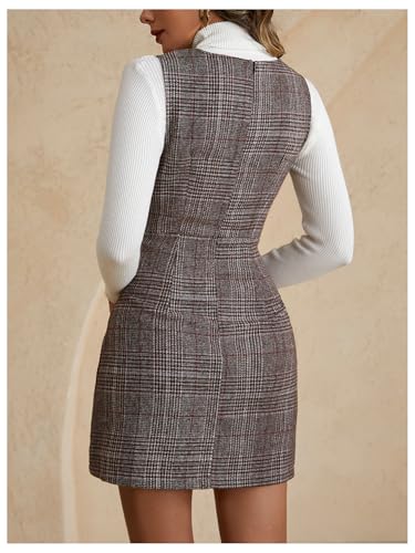 Women's Elegant Plaid Pinafore Dress V Neck Sleeveless Button Front Work Office Mini Dresses2