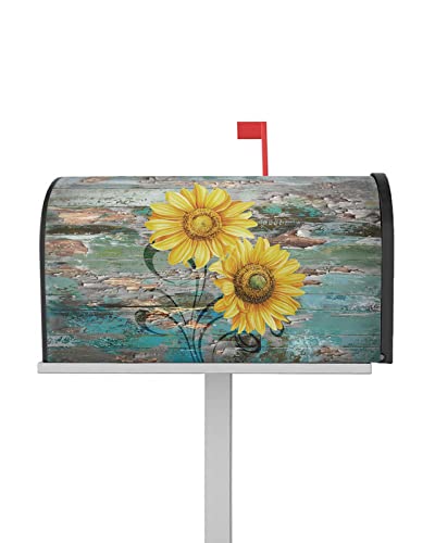 Turquoise Teal Sunflower Mailbox Covers Magnetic Standard Size,Decorative Post Letter Numbers Box Wrap Decoration Covers Accessories For Garden Yard Outdoor Décor,Vintage Wood Grain Newspaper #TOP28