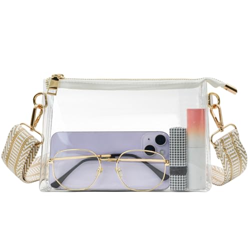 Enkrio Clear Purse Stadium Approved CrossBody Bag with Removable Straps and Zipper Clear Bag for Concert Sport Festival Work (Multicolor Fabric Strap)