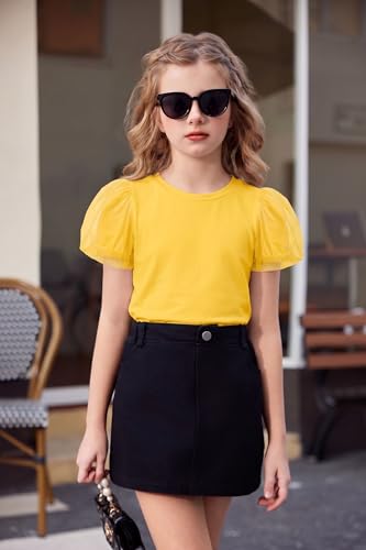 Image of Arshiner Girls Shirts Mesh Puff Short Sleeves Blouse Crewneck Cute Print Summer Kids Tee Tops