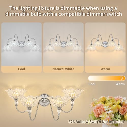 Image of Brushed Chrome 4-Light Bathroom Vanity Light with Floral Clear Glass Shades, Modern Wall Mount Lighting for Bathroom, Dressing Table