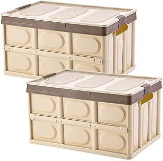 Tuevob 2 Pack Collapsible Storage Boxes Crates 30L Lidded Storage Bins Plastic Tote Storage Box Container Stackable Folding Utility Crate for Clothes, Toy, Books,Snack, Shoe Grocery Storage Bin-Khaki