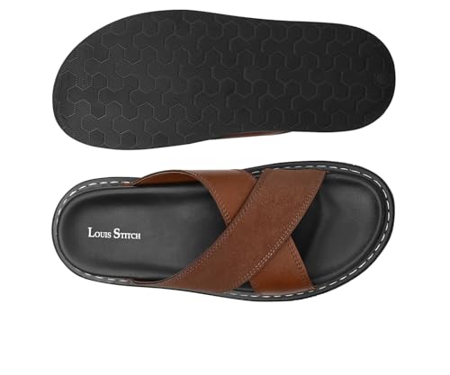 Image of LOUIS STITCH Tan Comfortable Men's Sandals | Lightweight Casual Cross Strap Slip-On Sandals| Everyday Wear Sandals with PU Cushion Sole | LSOF-22-TN