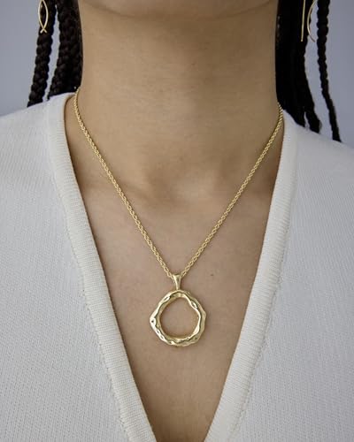PAVOI 14K Yellow Gold Plated Dainty Statement Pendant Necklaces for Women - Hammered Circle Beachy Summer Pendants - Knit Tightened Rope Chain Necklace