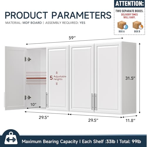 59" Wall Cabinets for Laundry Room, Laundry Room Cabinets Wall Mounted, Kitchen Wall Cabinet, Adjustable Shelf, Upper Cabinets Wall Mounted, Utility Cabinets for Laundry, Cream White - Image 3