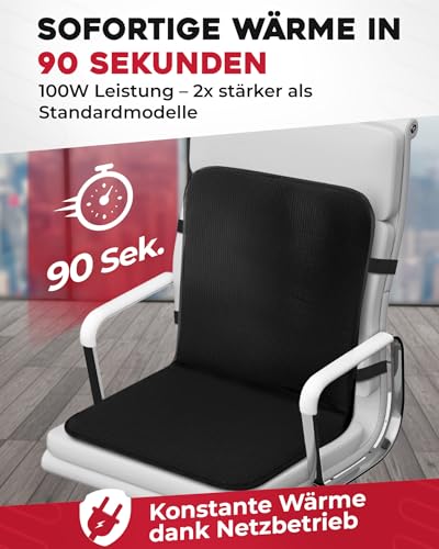 Delindo Lifestyle Beheizbare Bürostuhl Sitzauflage, 43x94 cm, Stuhlkissen für Gesäß und Rücken mit 3 Temperaturstufen, 2 Heizzonen, Schwarz
