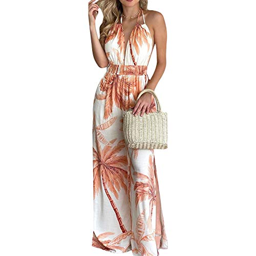 Alaby Women s Boho Jumpsuit Overall Sunflower Loosen Wide Leg Pants Sleeveless Halter Top Summer Romper (Orange, Small)