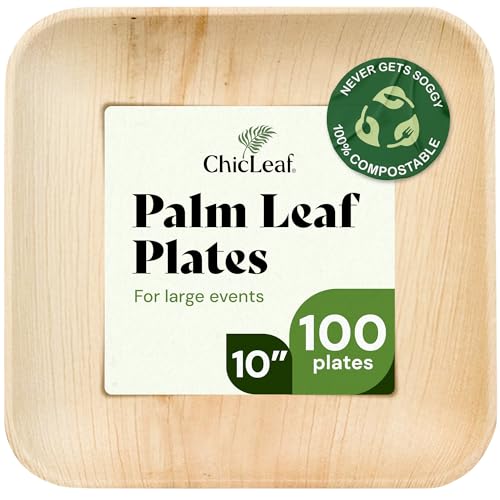 Condition photo showing Good Condition for Chic Leaf Palm Leaf Disposable Bamboo Plates - Square Party Plates for Weddings, Parties, Event Appetizers - Biodegradable & Compostable - Party Supplies (10", 100 Pack)