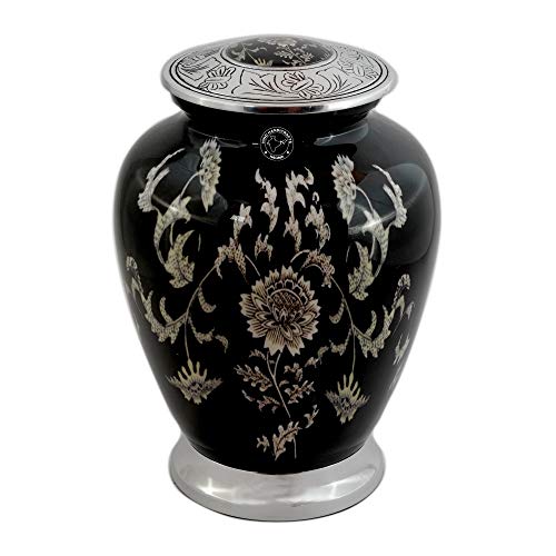 Hind Handicrafts Silver Engraved Aluminium Cremation Urn for Human Ashes Adult - Handcrafted Funeral Memorial Ash Storage Urn - Bag Included (7'' x 7'' x 10''- 200 lbs or 91 kg, Floral-2)
