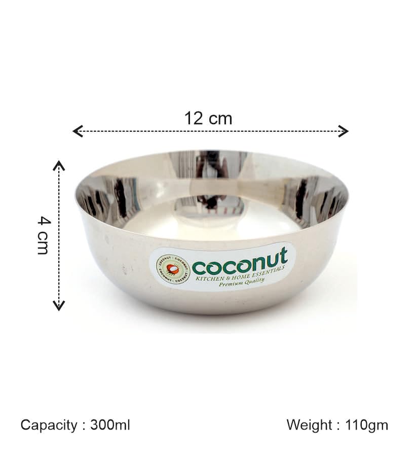 Image of coconut Stainless Steel Chaliya Bowl Set of 6 | Vati /Katori | 12 cm Diameter | 350ML Each | Ideal for Serving Curry, Snacks, Desserts | Home & Kitchen Use