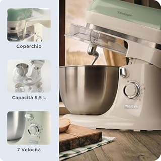Ariete Impastatrice Vintage 1588, Planetaria per Pane, Pizza, Dolci e Pasticceria, Gancio, Frusta a Cuore e Frusta a Filo Inclusi, Capacità 5.5 Litri, 7 Velocità + Pulse, 1200W, Verde