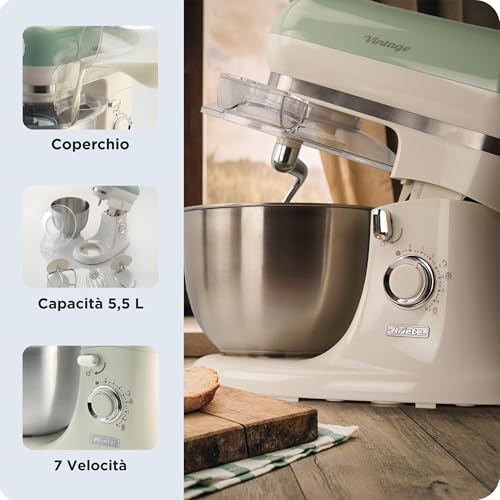 Ariete Vintage 8804 Stand Mixer Food Processor, 1200W, 5.5 Litre Stainless Steel Bowl, Planetary Motion, 7 Speeds + Pulse, Anti Splash Cover, Green - Image 4