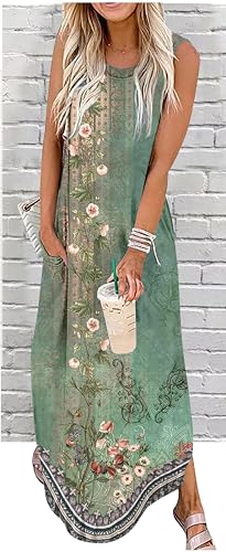 Image of CHUNTIANRAN Women's 2023 Casual Loose Sundress Maxi Dress Sleeveless Summer Beach Long Dresses Tshirt Dress with Pockets