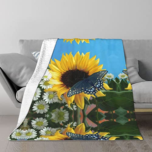Sunflowers Blue Butterflies Printed Throw Blanket Ultra-Soft Fuzzy Blanket Warm Blanket Fluffy Reversible Blanket For Bed And Couch #TOP1